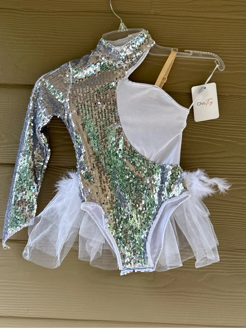 Chic Try Girls One-Shoulder Sequin White Tulle Feathers Dance Leotard Bodysuit 6